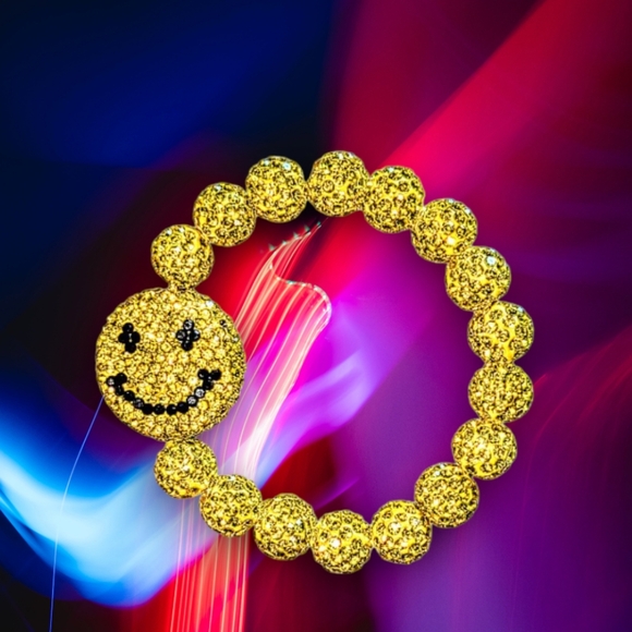 Golden Rhinestone Beaded Smiley Face Bracelet On Stretch Cord - Picture 2 of 4